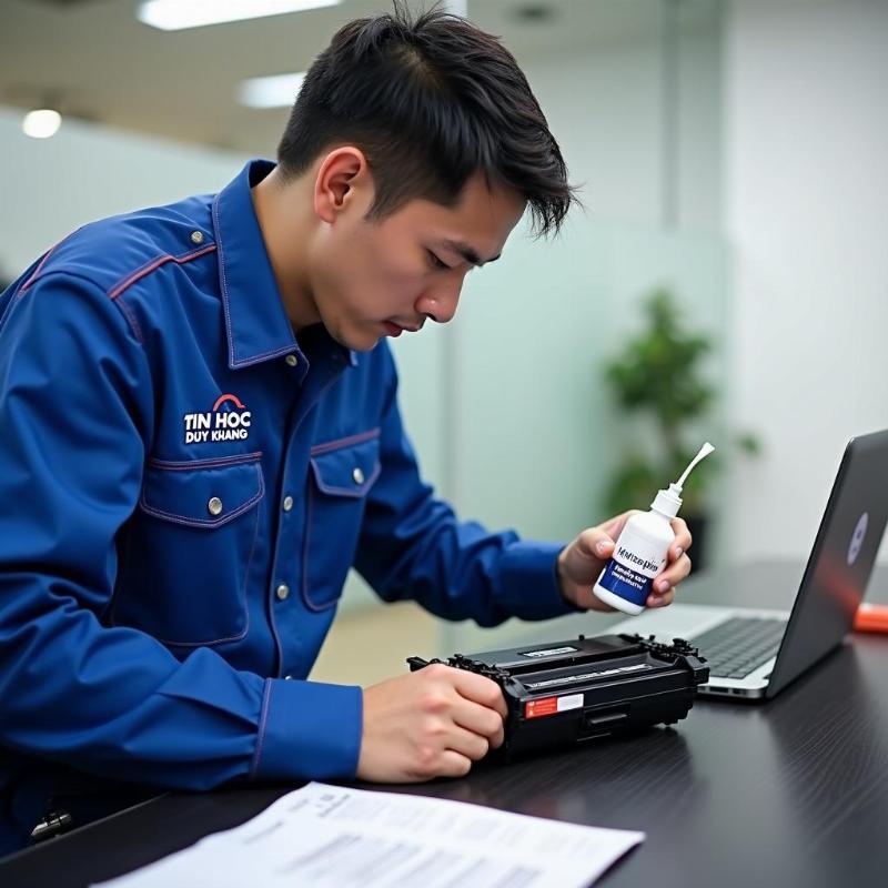 Kỹ thuật viên của Tin Học Duy Khang đang thực hiện quy trình thay mực máy in tại nhà ở quận Phú Nhuận chuyên nghiệp.