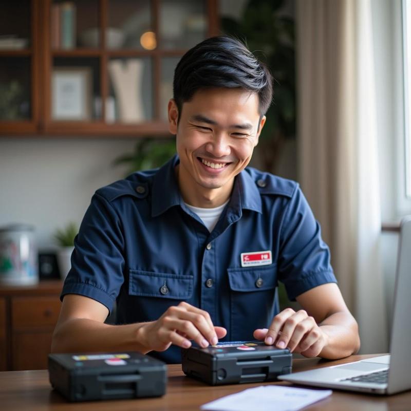 Kỹ thuật viên Tin Học Duy Khang đang thực hiện quy trình thay mực máy in tại nhà chuyên nghiệp ở quận Bình Tân