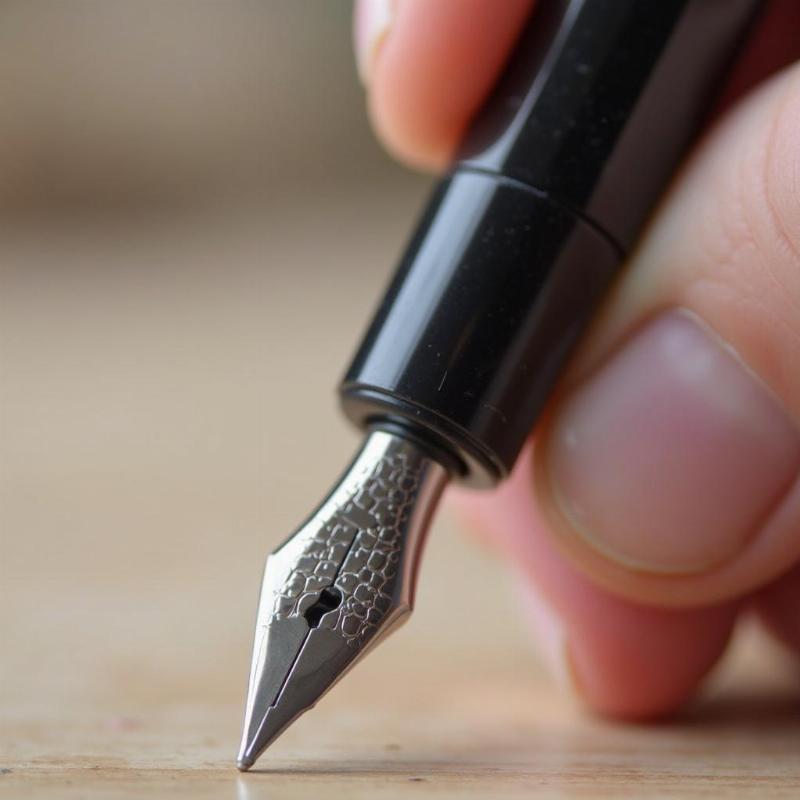 Hình ảnh cận cảnh thao tác lắp ống mực mới vào phần ngòi bút máy một cách chính xác theo hướng dẫn.