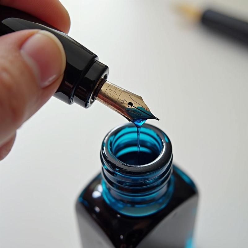 Minh họa chi tiết cách sử dụng piston converter để nạp mực từ lọ, một giải pháp thay thế cho việc dùng ống mực sẵn.