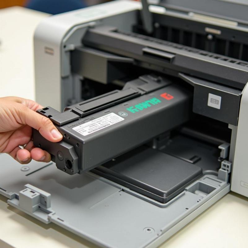 Hình ảnh cận cảnh một bàn tay đang nhẹ nhàng kéo hộp mực Cartridge 303 cũ ra khỏi khoang máy in Canon LBP 2900.